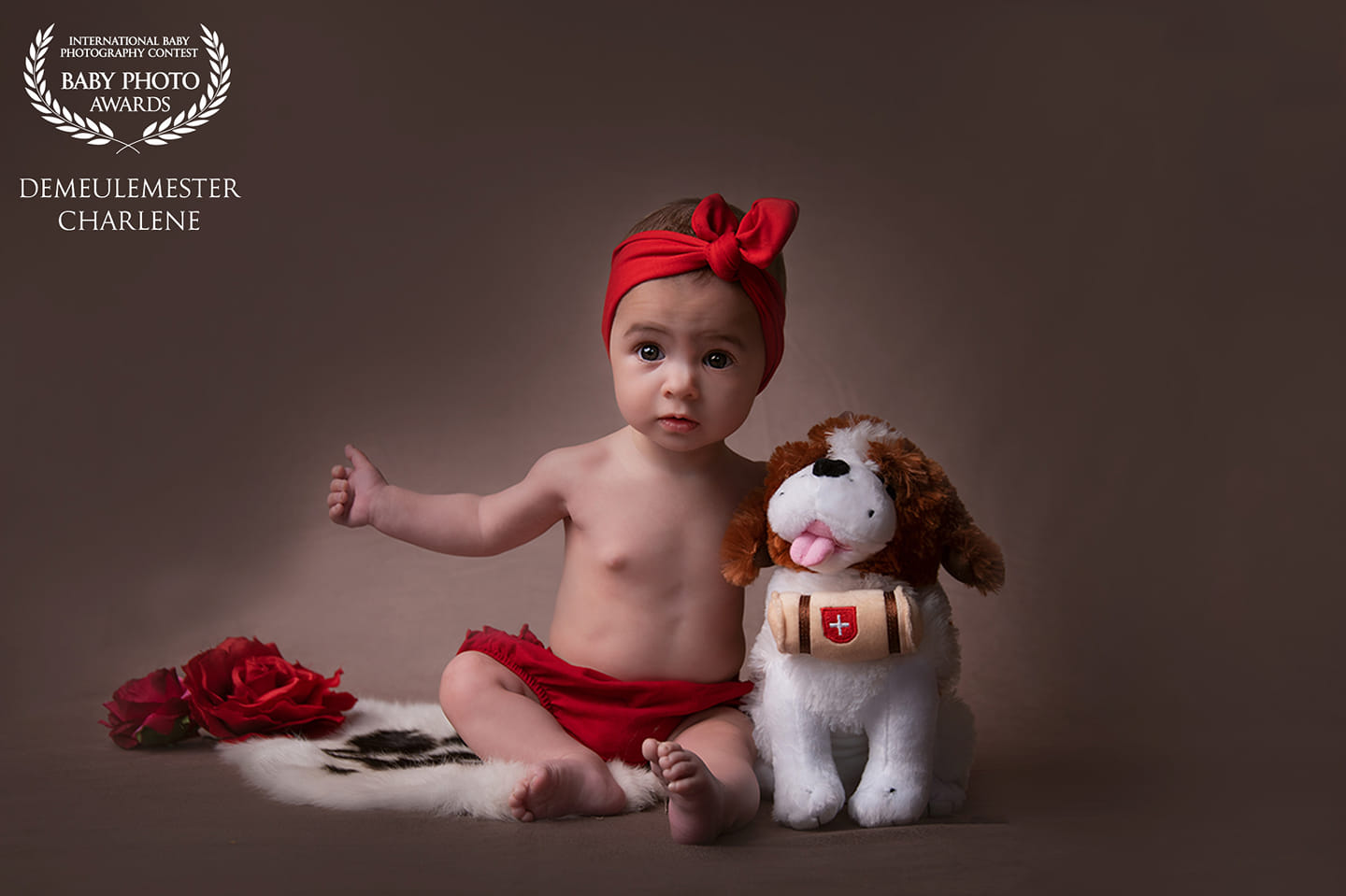 Photo d'un bébé assit avec une peluche chien saint-bernard